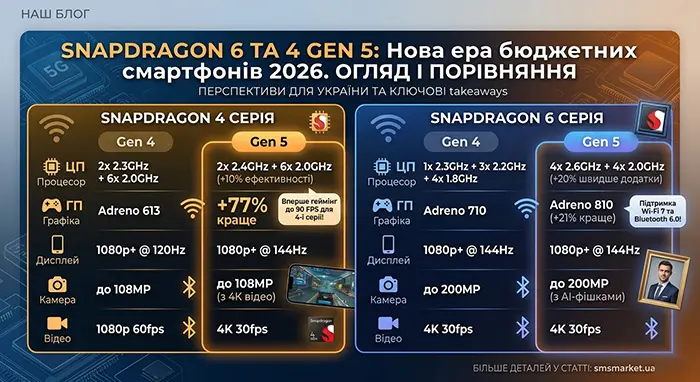 Порівняння характеристик Snapdragon 6 Gen 5 та Gen 4 Детальна інфографіка порівняння процесорів Qualcomm Snapdragon 6-ї серії: нові ігрові можливості проти критичних змін у 5G та USB.